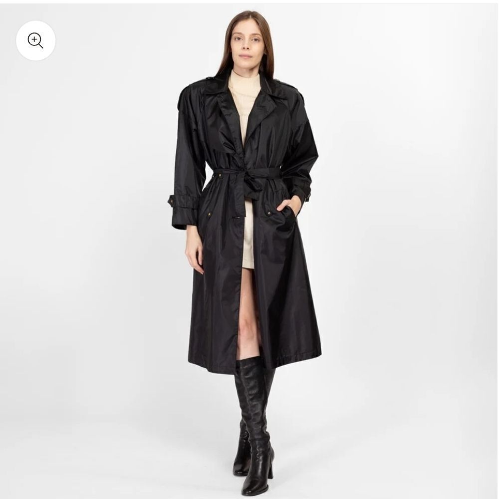 Silverleaf 90s Shiny Black Belted Trench Rain Jacket, sleek and fashionable‎